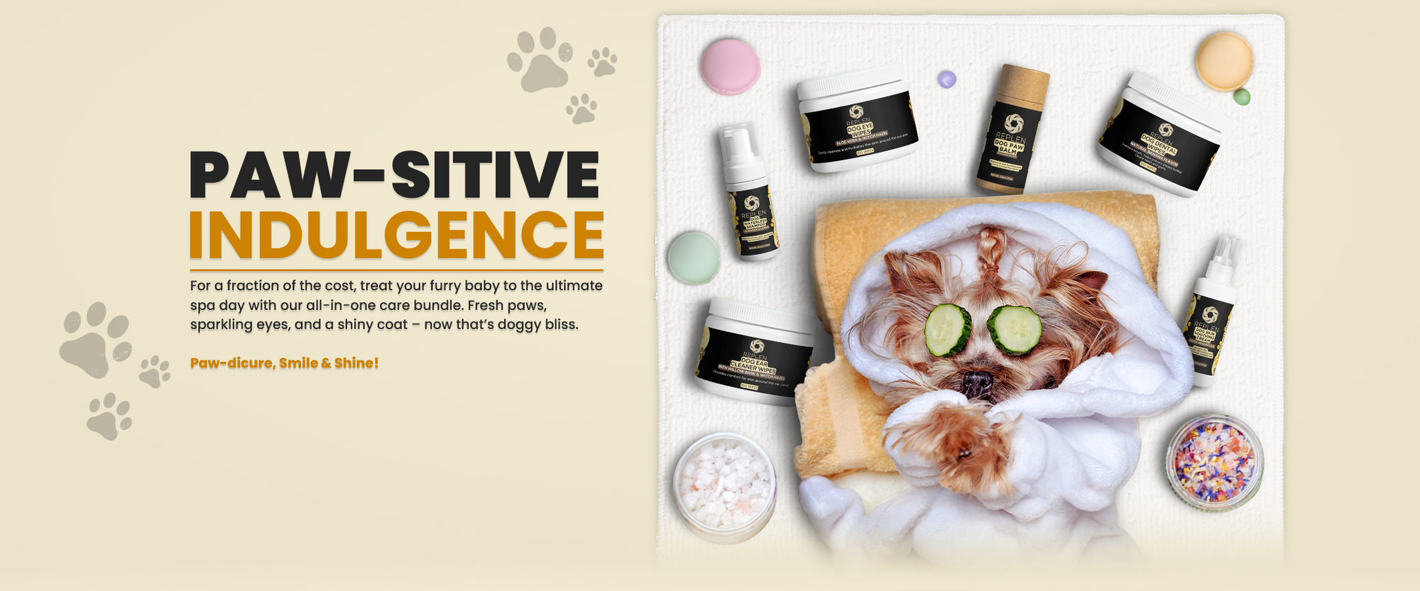 Man taking a picture of a dog with Replen Essentials dog waterless shampoo on a table.