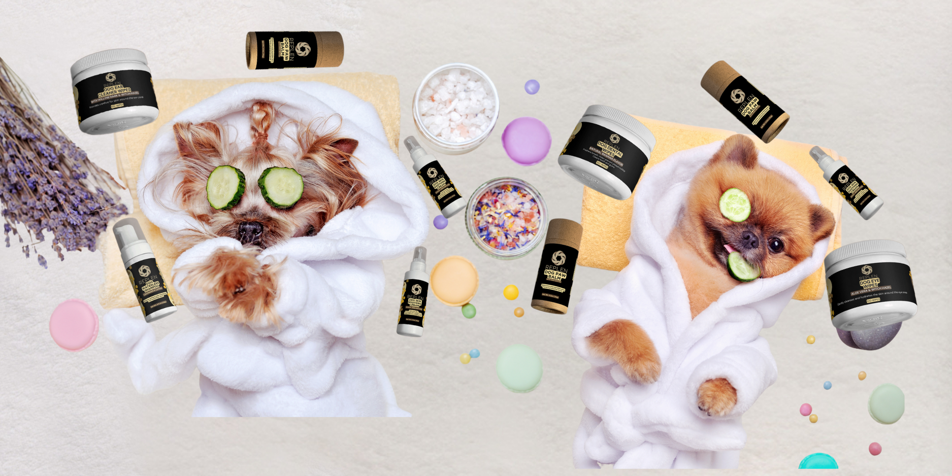 Replen Essentials pet products on a table.